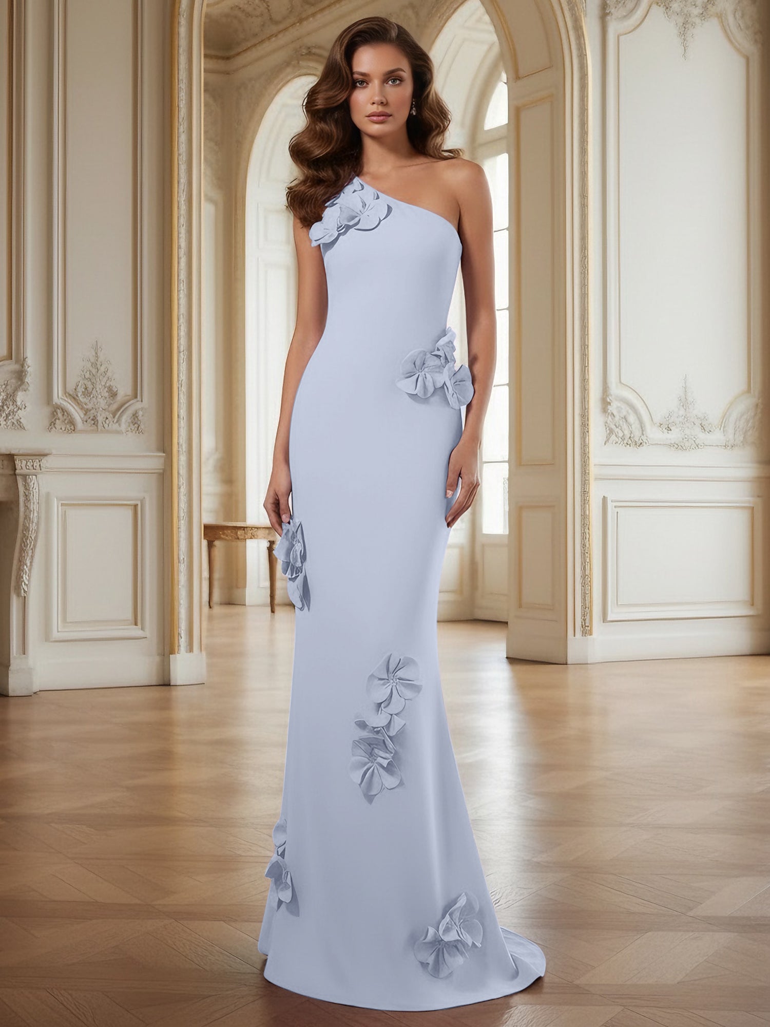Cream One-Shoulder Prom Dress with Sculptural 3D Floral Appliqués