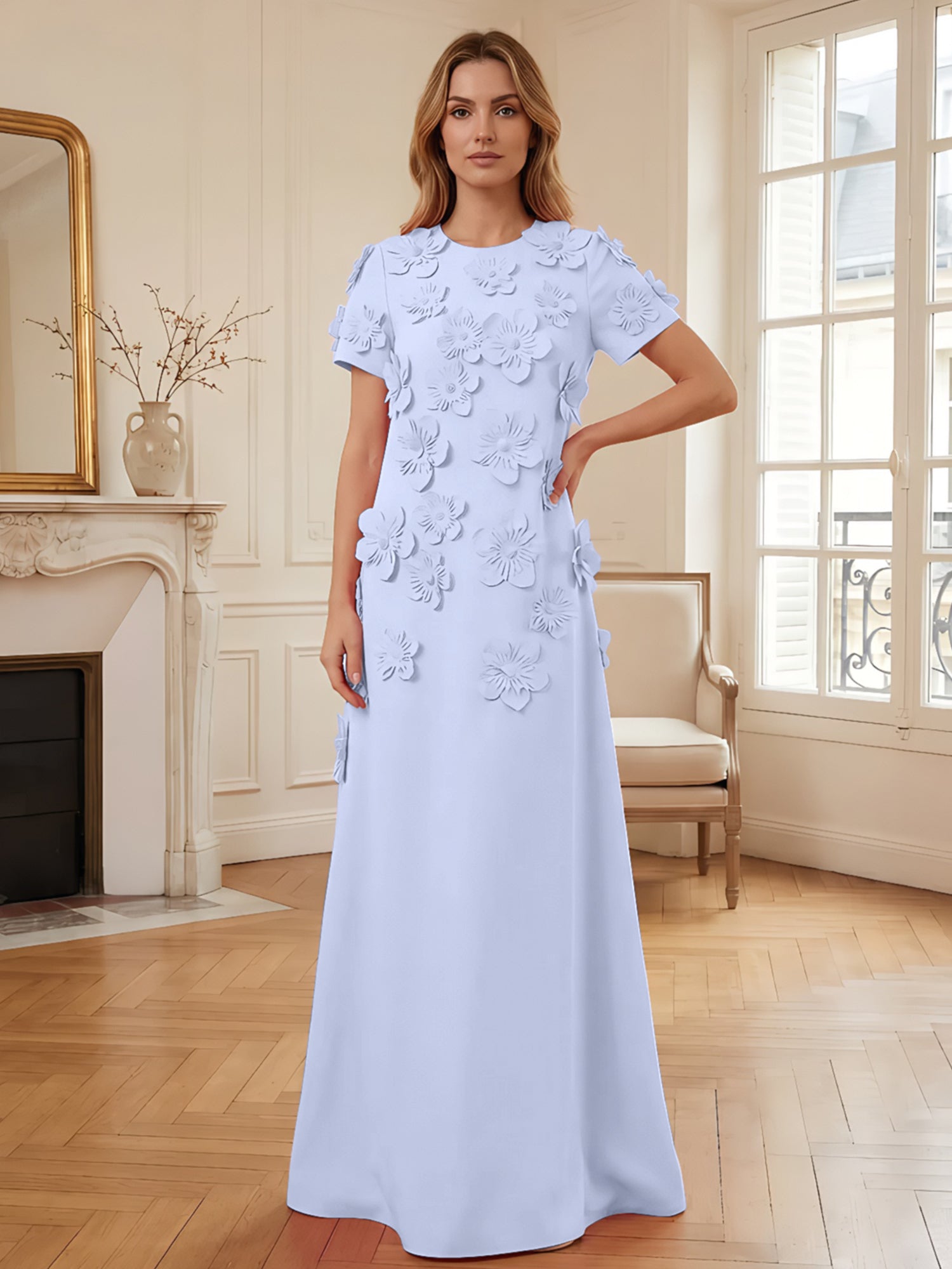 Short Sleeve Crew Neck A-Line Gown with 3D Floral Appliques Evening Dresses