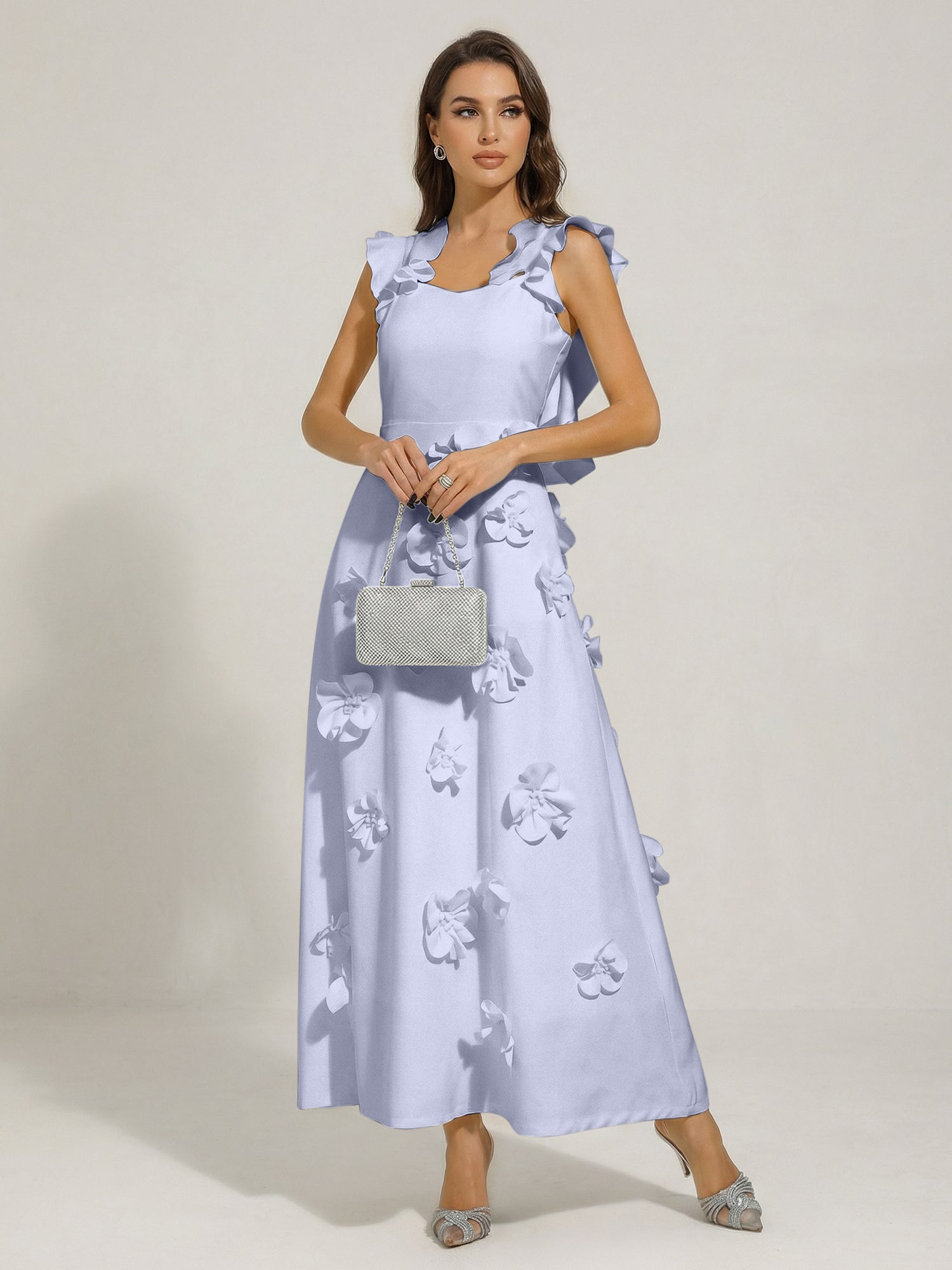 Chic White 3D Flowers A-Line Floor Length Stretch Crepe Dress with Pockets Maxi Dress