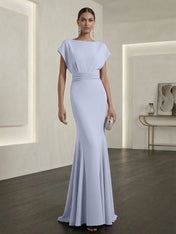 Lavender Mermaid Gown Dress Ruched Classic Boat Neck Short Sleeve Raglan Sleeves