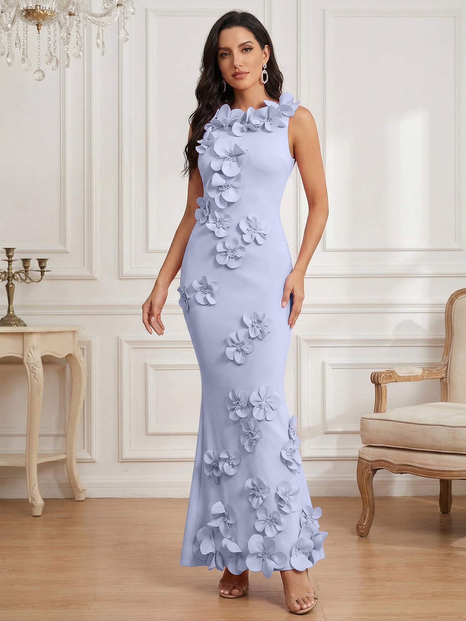 Romantic Pink Sleeveless 3D Floral Mermaid Gown