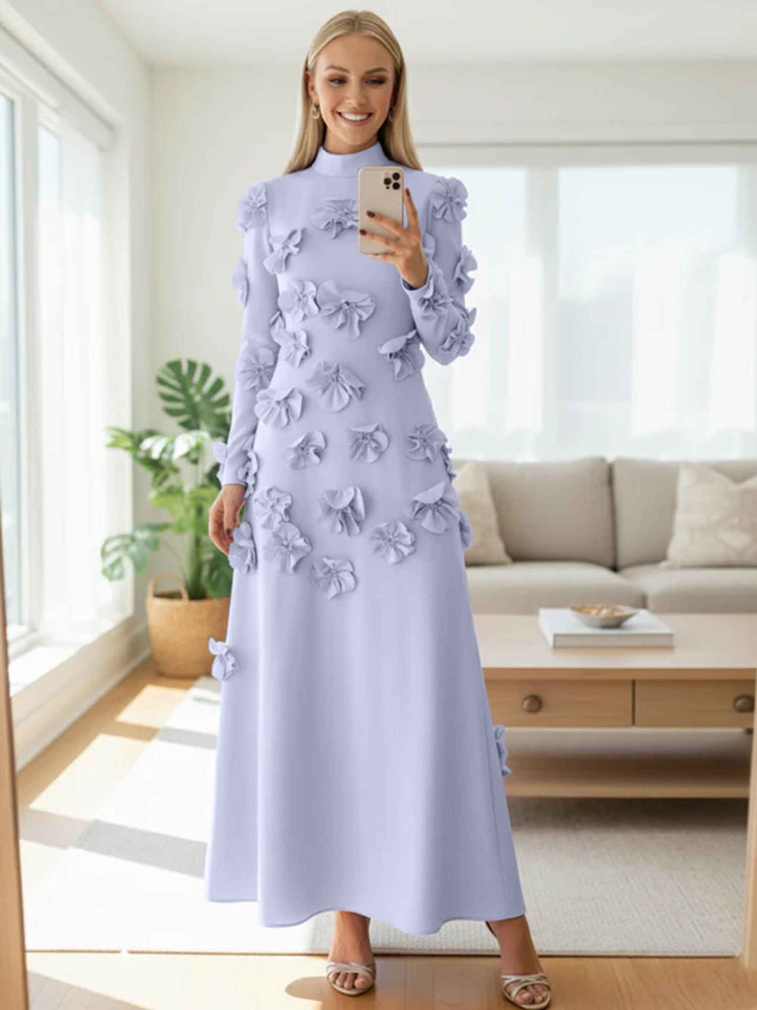 A Line High Neck Long Sleeves Floor Length Stretch Crepe Dress With 3D Flowers