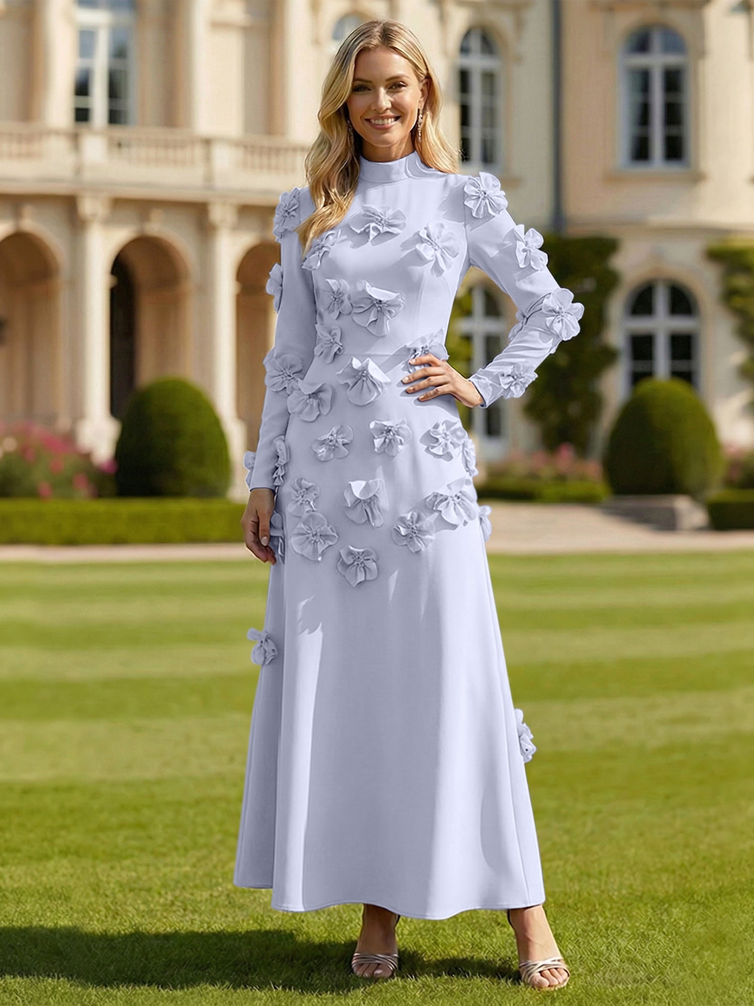 A Line High Neck Long Sleeves Stretch Crepe Dress With 3D Flowers