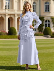 A Line High Neck Long Sleeves Stretch Crepe Dress With 3D Flowers