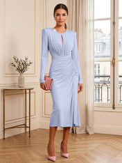 Dusty Rose Long Sleeve Ruched Midi Dress Formal Evening Gown