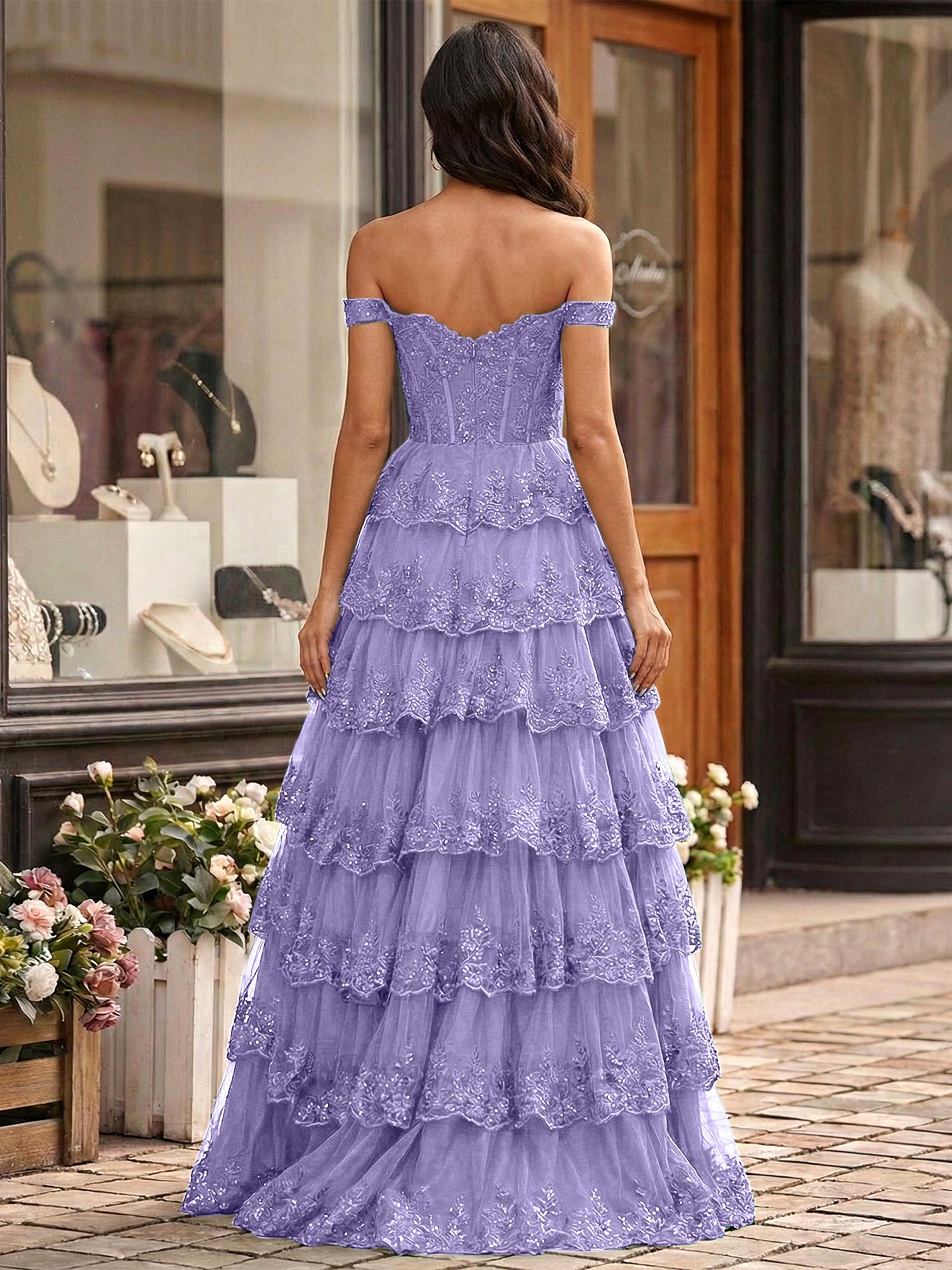 Emerald Green Lace Corset Tiered Ruffle Long Prom Dress with Slit