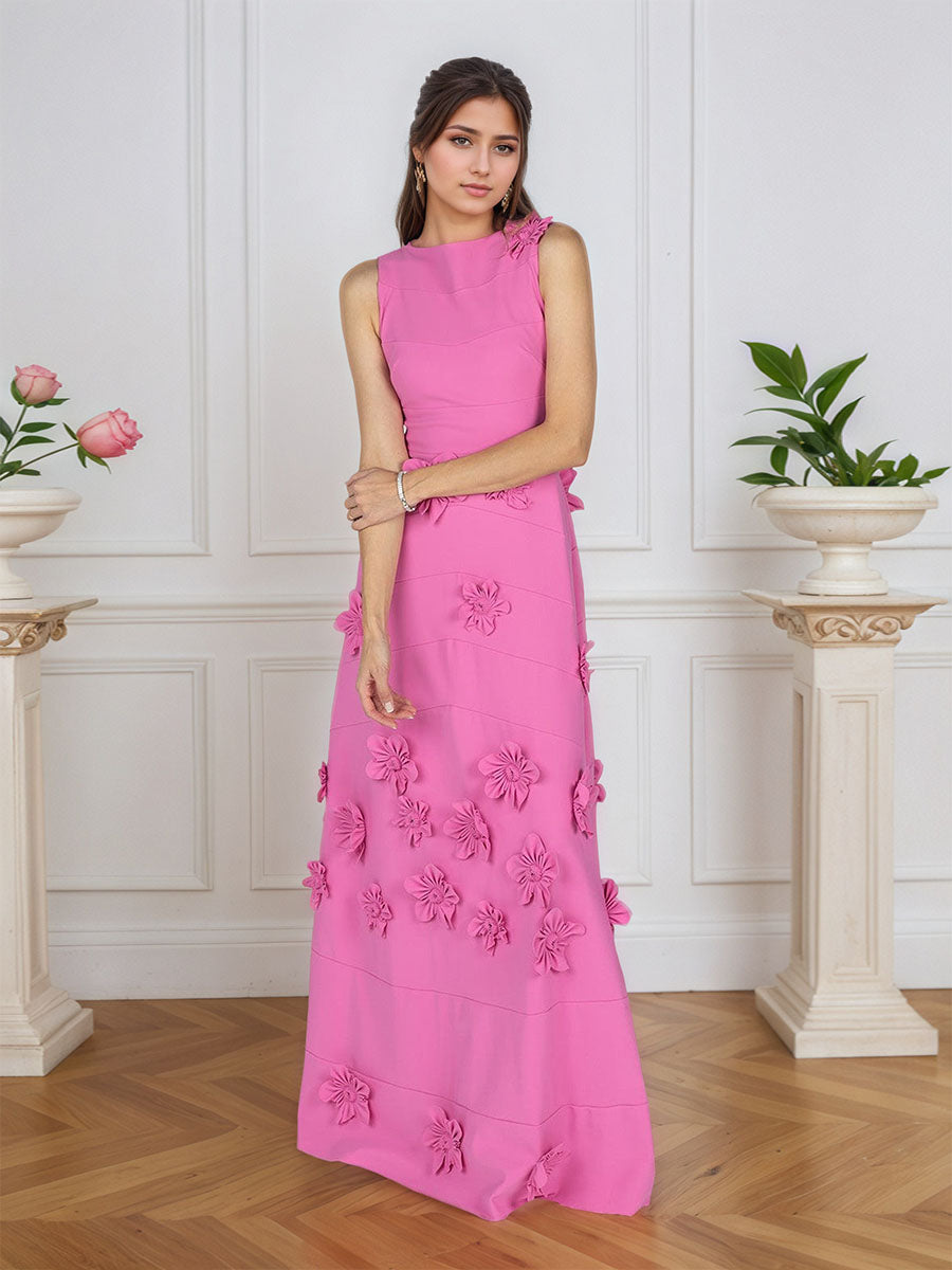 Lavender Boat Neck Formal Gown with Cascading 3D Flowers