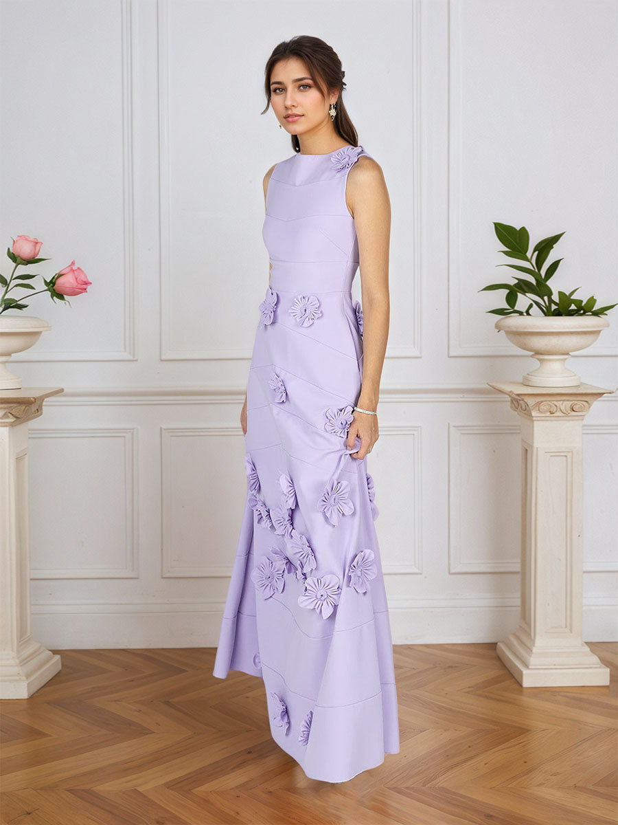 Lavender Boat Neck Formal Gown with Cascading 3D Flowers