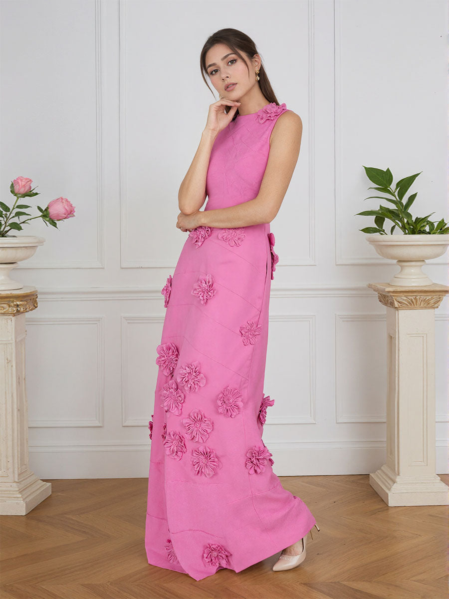 Lavender Boat Neck Formal Gown with Cascading 3D Flowers