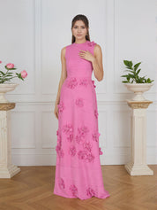 Lavender Boat Neck Formal Gown with Cascading 3D Flowers