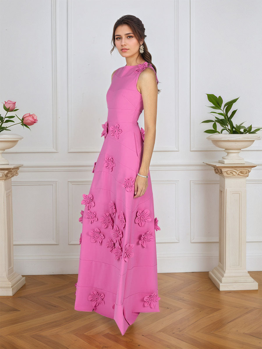 Lavender Boat Neck Formal Gown with Cascading 3D Flowers