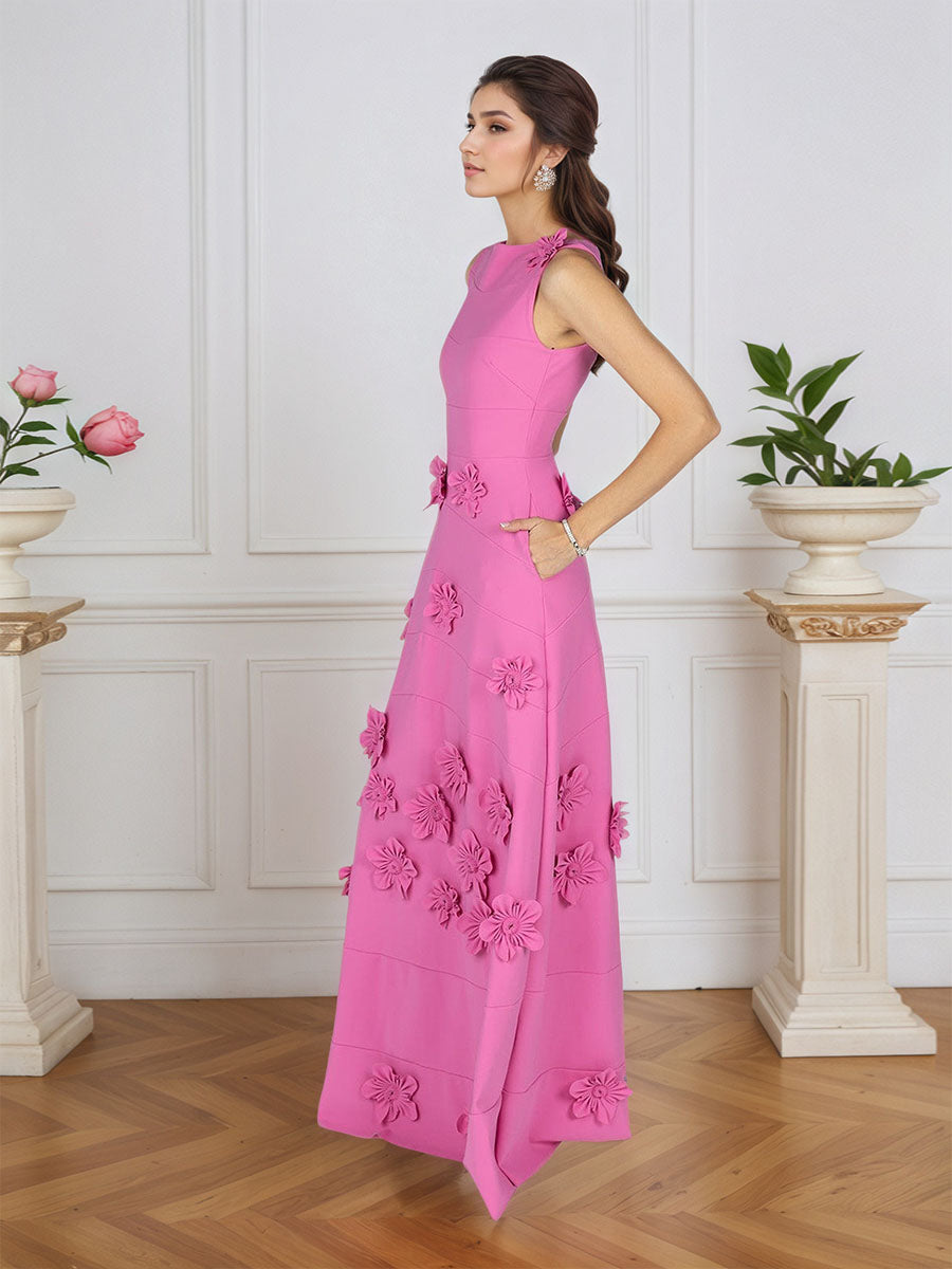 Lavender Boat Neck Formal Gown with Cascading 3D Flowers