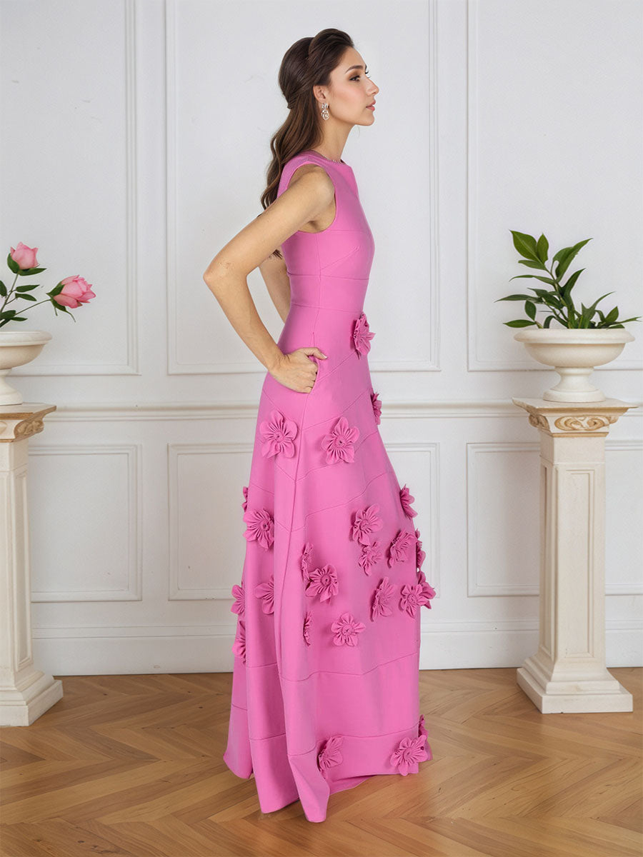 Lavender Boat Neck Formal Gown with Cascading 3D Flowers
