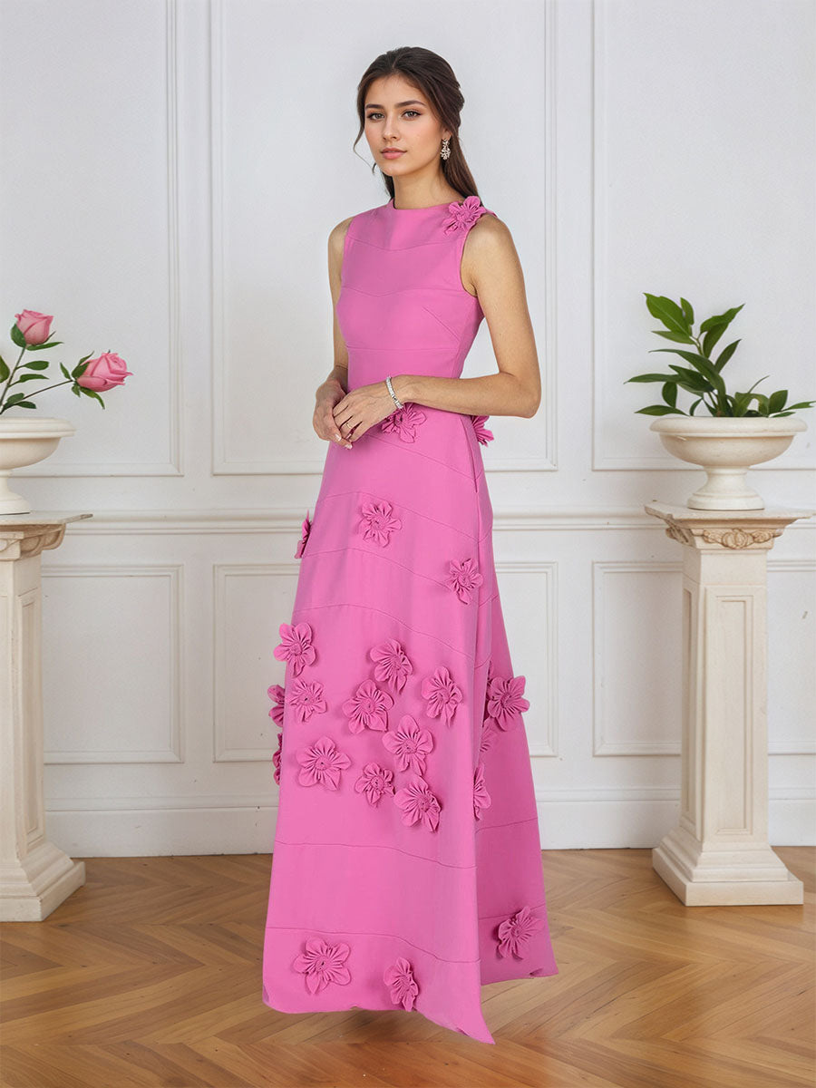 Lavender Boat Neck Formal Gown with Cascading 3D Flowers