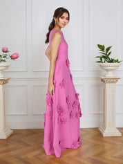 Lavender Boat Neck Formal Gown with Cascading 3D Flowers