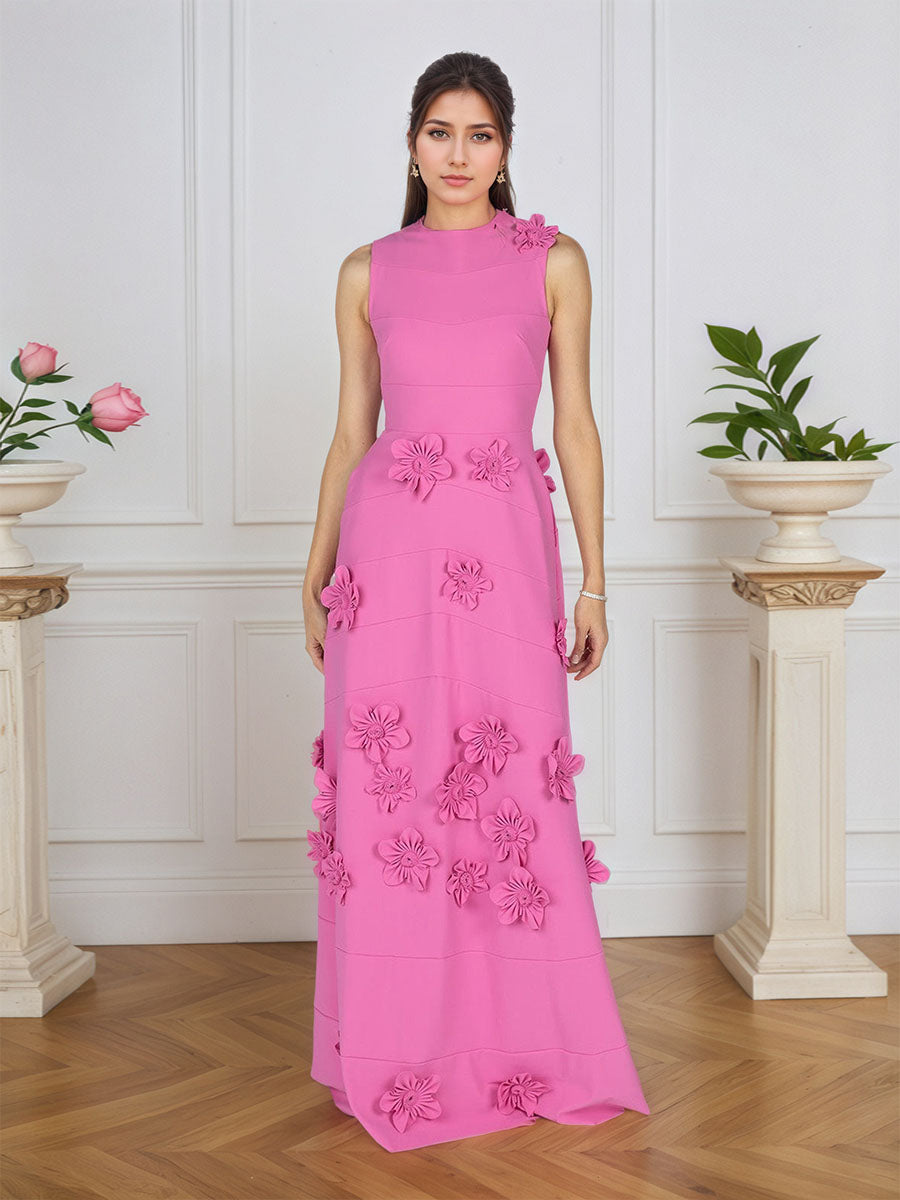 Lavender Boat Neck Formal Gown with Cascading 3D Flowers