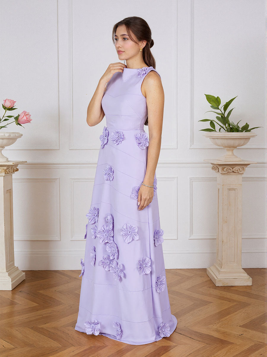 Lavender Boat Neck Formal Gown with Cascading 3D Flowers