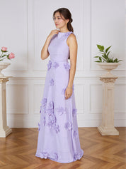Lavender Boat Neck Formal Gown with Cascading 3D Flowers