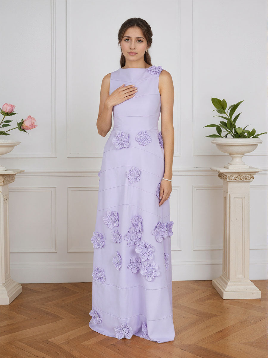 Lavender Boat Neck Formal Gown with Cascading 3D Flowers