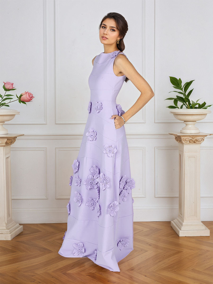 Lavender Boat Neck Formal Gown with Cascading 3D Flowers
