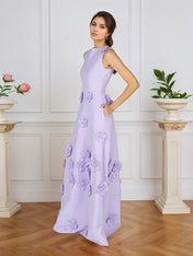 Lavender Boat Neck Formal Gown with Cascading 3D Flowers
