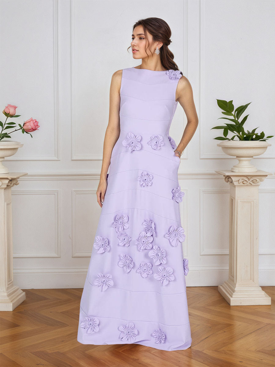 Lavender Boat Neck Formal Gown with Cascading 3D Flowers