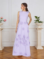 Lavender Boat Neck Formal Gown with Cascading 3D Flowers