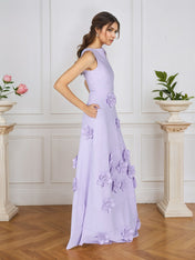 Lavender Boat Neck Formal Gown with Cascading 3D Flowers