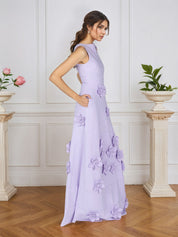 Lavender Boat Neck Formal Gown with Cascading 3D Flowers