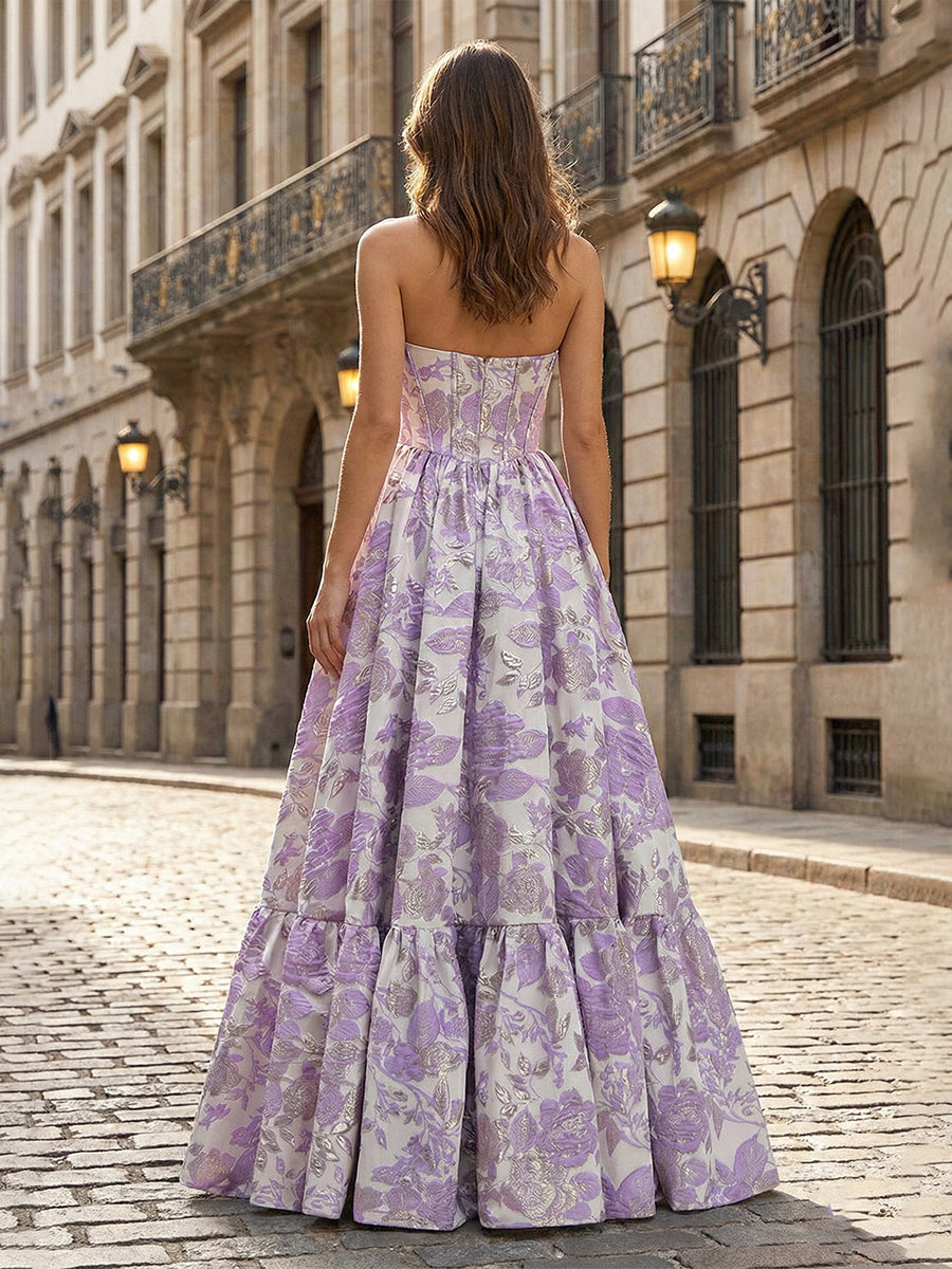 Dreamylily Prom Dress Lavender Floral Brocade Strapless Corset A-Line Evening Gown Dreamylily Prom Dress Lavender Floral Brocade Strapless Corset A-Line Evening Gown