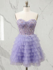 Lavender Floral Lace Corset Tiered Ruffle Short Homecoming Dress