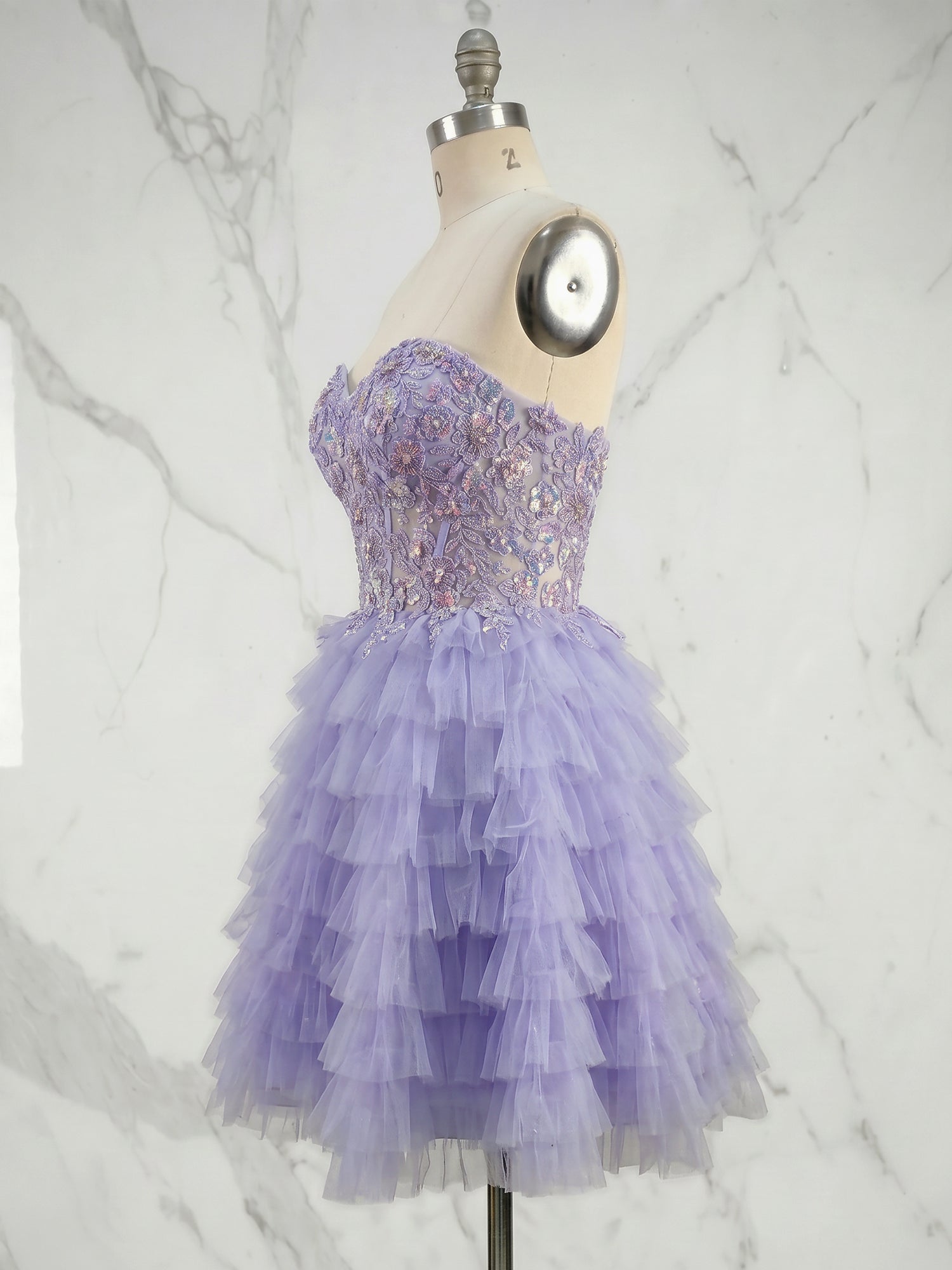 Lavender Floral Lace Corset Tiered Ruffle Short Homecoming Dress