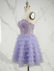 Lavender Floral Lace Corset Tiered Ruffle Short Homecoming Dress