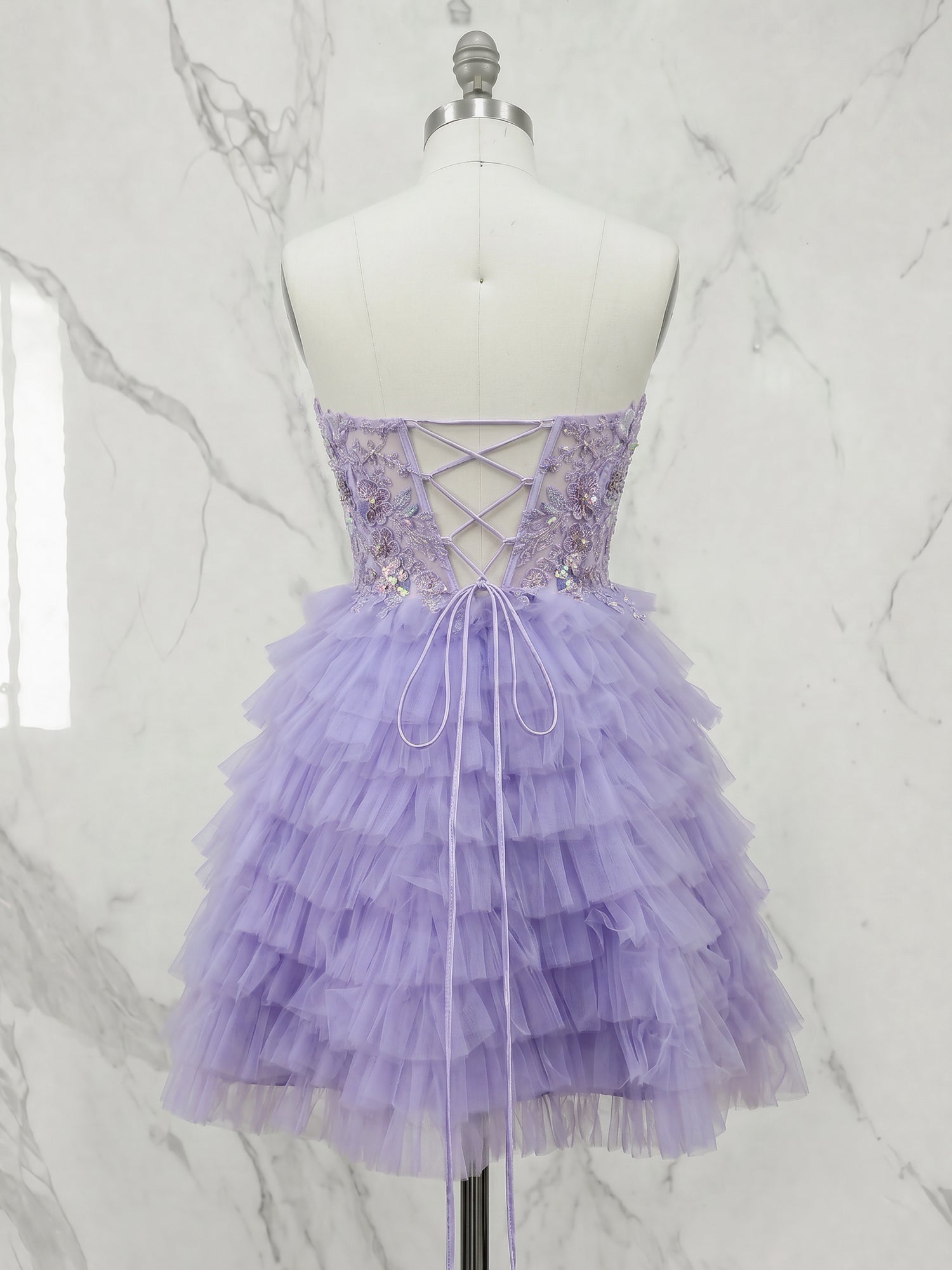 Lavender Floral Lace Corset Tiered Ruffle Short Homecoming Dress