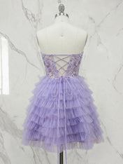 Lavender Floral Lace Corset Tiered Ruffle Short Homecoming Dress