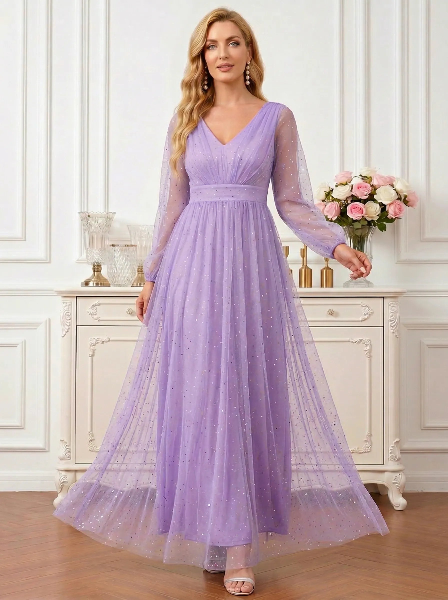 Lavender Glitter Tulle Maxi Dress with Bishop Sleeves Mother of the Bride Dresses