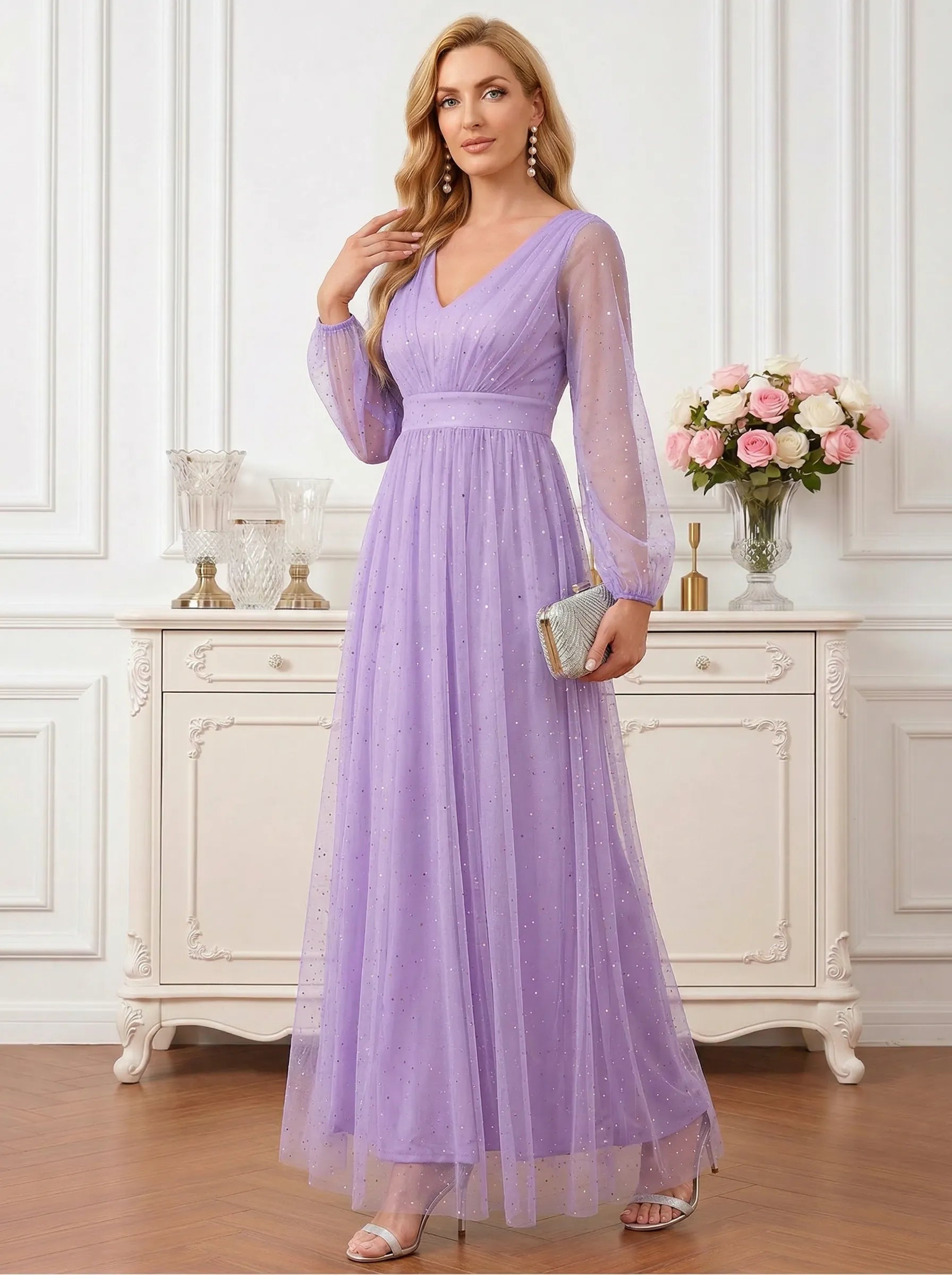 Lavender Glitter Tulle Maxi Dress with Bishop Sleeves Mother of the Bride Dresses