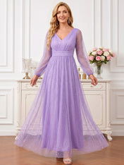 Lavender Glitter Tulle Maxi Dress with Bishop Sleeves Mother of the Bride Dresses