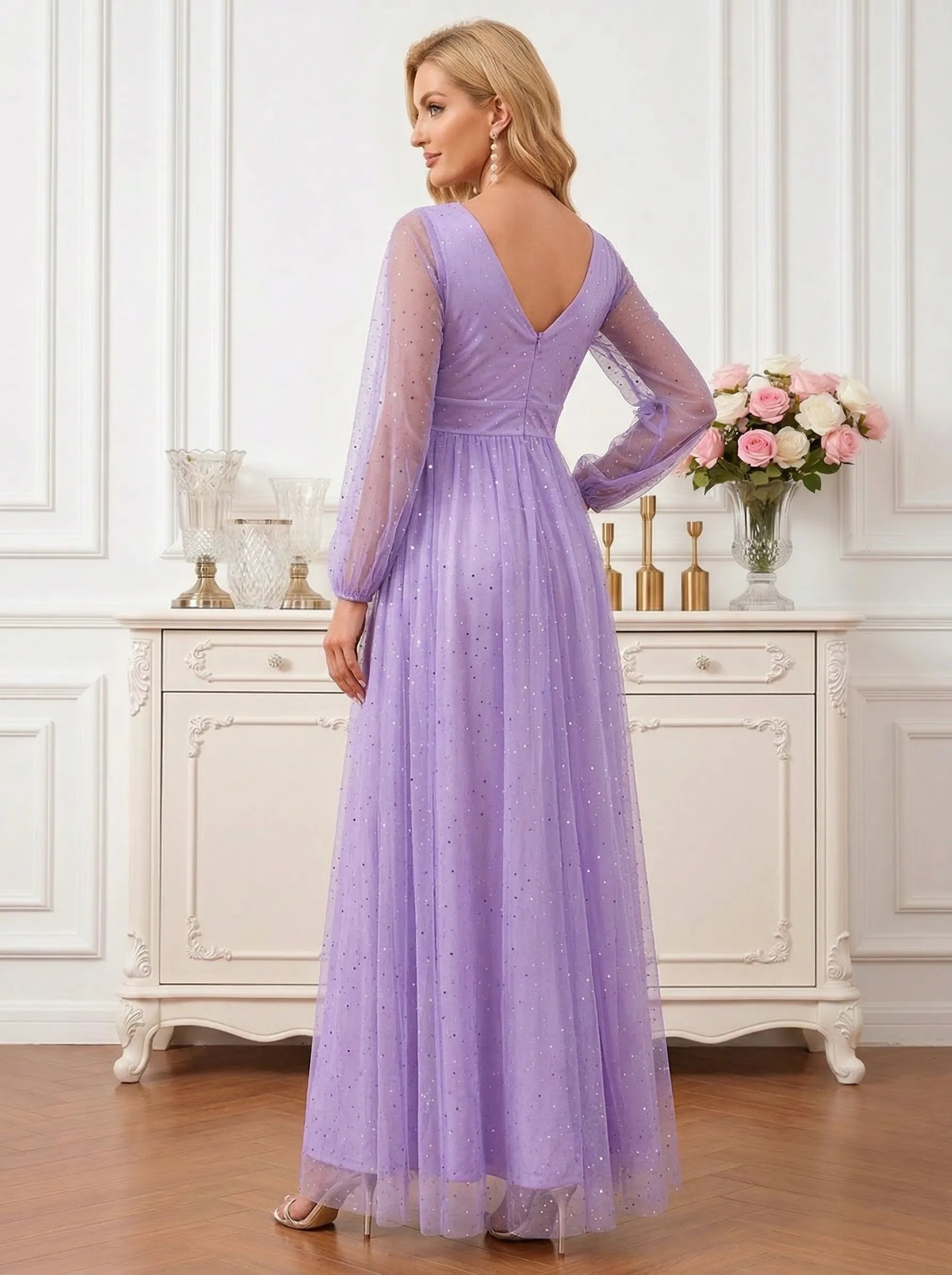 Lavender Glitter Tulle Maxi Dress with Bishop Sleeves Mother of the Bride Dresses