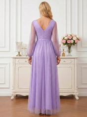 Lavender Glitter Tulle Maxi Dress with Bishop Sleeves Mother of the Bride Dresses