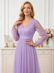 Lavender Glitter Tulle Maxi Dress with Bishop Sleeves Mother of the Bride Dresses