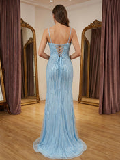 Lavender Mermaid / Trumpet Linear Beaded Plunging V-Neck Mermaid Prom Dress