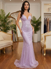 Lavender Mermaid / Trumpet Linear Beaded Plunging V-Neck Mermaid Prom Dress