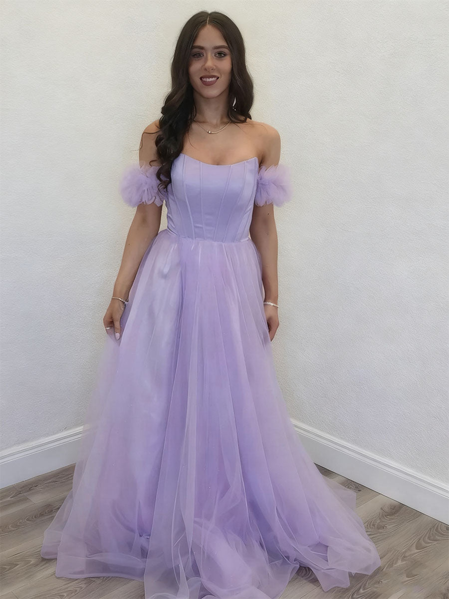 Lavender Off-the-Shoulder Corset Bodice Tulle Prom Dress