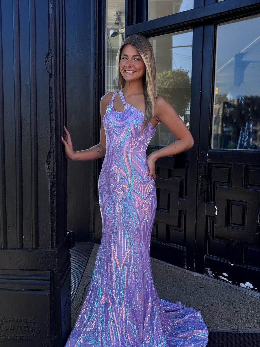 Lavender One-Shoulder Iridescent Sequin Mermaid Prom Dress