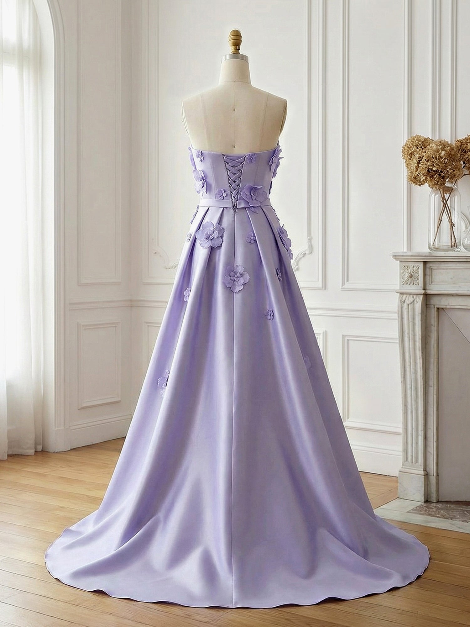Lavender Satin 3D Floral Strapless A-Line Gown