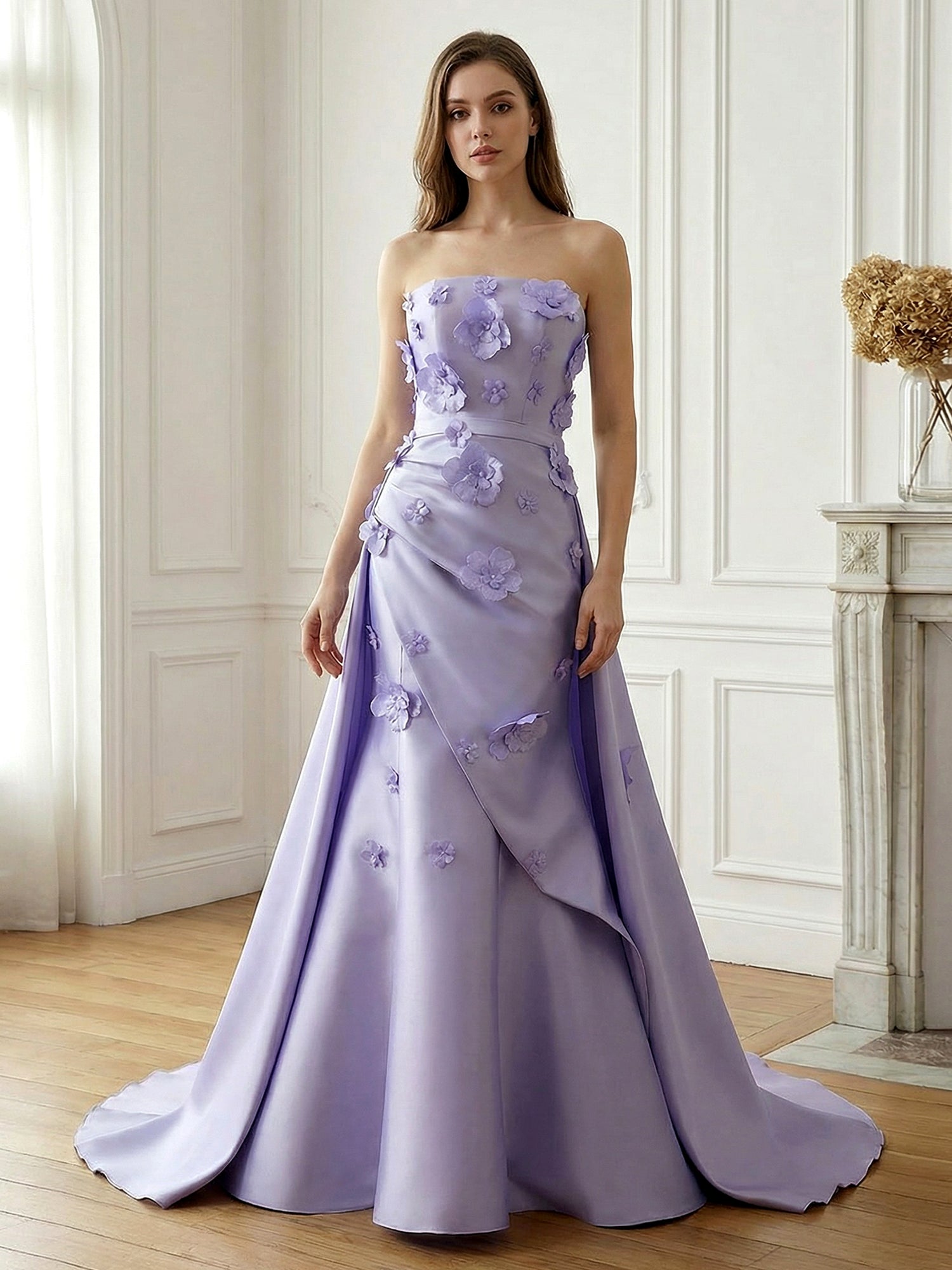 Lavender Satin 3D Floral Strapless A-Line Gown