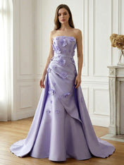Lavender Satin 3D Floral Strapless A-Line Gown