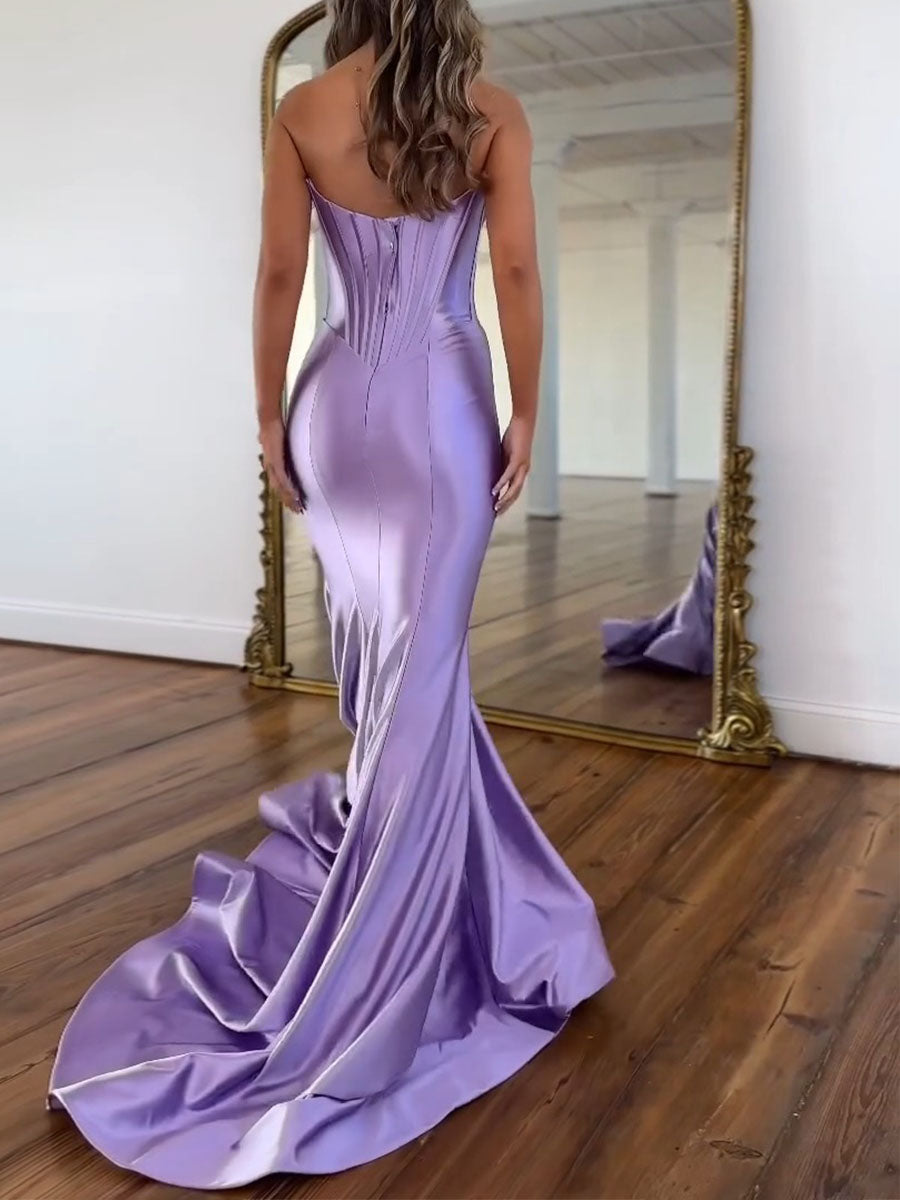 Lavender Satin Strapless Cowl Neckline Corset Prom Dress with Basque Waist