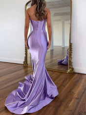 Lavender Satin Strapless Cowl Neckline Corset Prom Dress with Basque Waist
